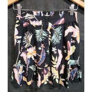 Roxy Night Time Floral Mini‎ Skirt Sz XS Ruffle Wrap Elastic Waist Black Floral